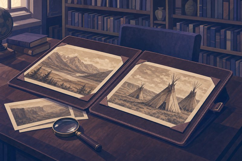 Großformatige Fotogravüren in Sepia in einer aufgeschlagenen Mappe