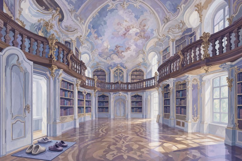 Rokoko-Klosterbibliothek mit geschwungenen Galerien und Deckenmalerei