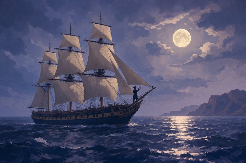 Segelschiff bei Nacht, an Deck wird mit dem Oktanten der Mond gemessen
